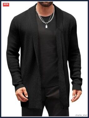 Mens Cable Knit Cardigan Sweater Open Front Shawl Collar Winter